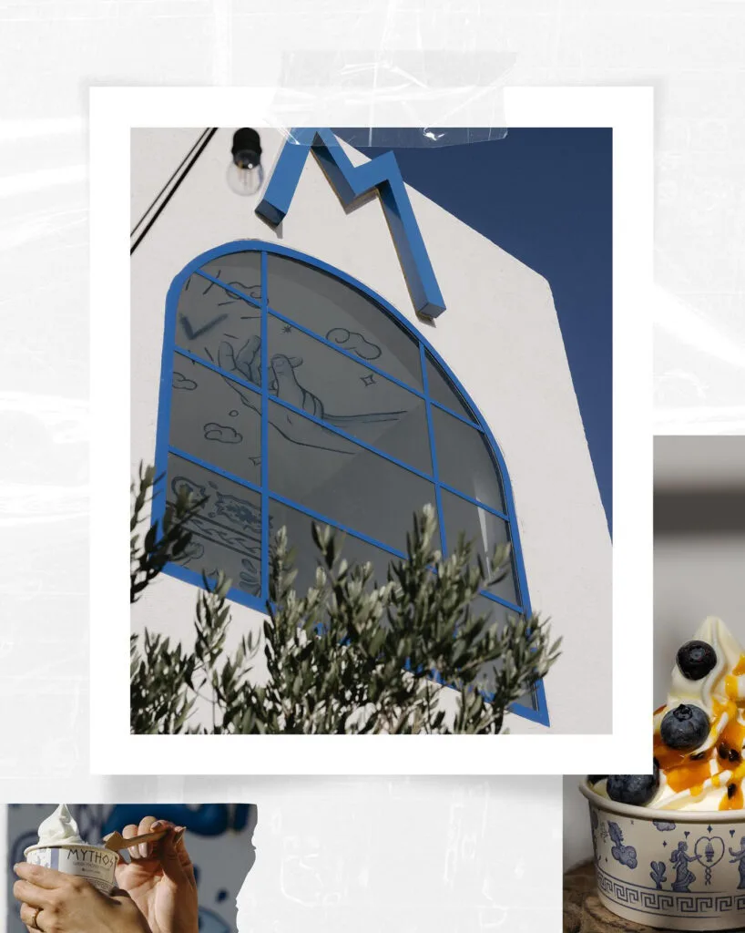 A building facade with a blue geometric design and a close-up of yogurt with blueberries.